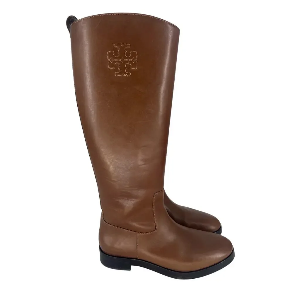 Tory Burch Riding‎ Logo Embossed Leather Knee High Boots Brown 10.5